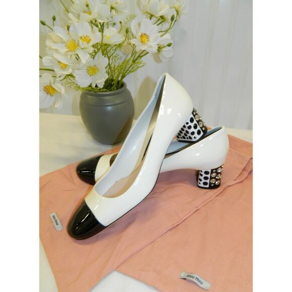 Miu Miu White Black Patent Leather Jeweled Heel Crystal Embellish Size 37 US 6.5 - Picture 1 of 16